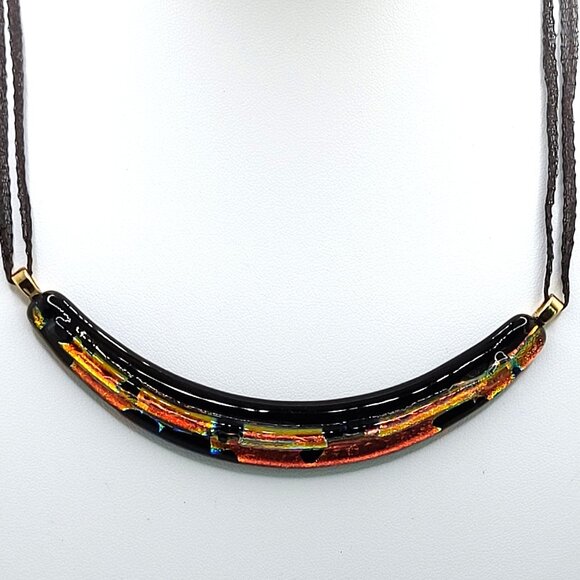 TB Jewelry - Curved Dichroic Fused Glass Pendant Gauze Double Strand Necklace 17" Signed TB